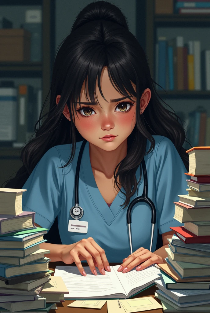 A nursing student with a tired look, surrounded by books and study materials