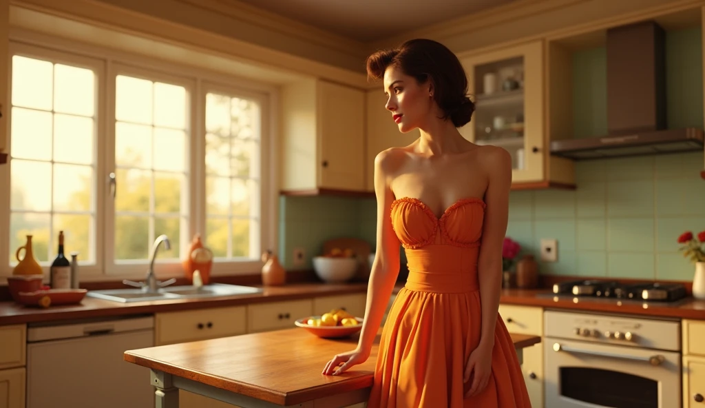 low angle shot, an athletic honey brunette, , wearing colorful 1950s summer dress, 1950s hairstyle, breasts big, Not exposed, standing next to a table on a sunny day ((vintage kitchen)), looking away from viewer, beautiful view through the windows, 8k sensual lighting, warm lighting, Extremely photorealistic 4k, cgsociety uhd 4k highly detailed, trends on cgstation