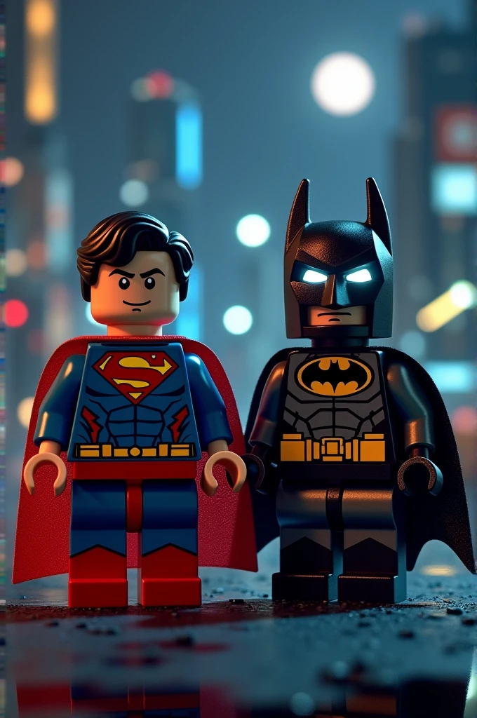 Superman and Batman in lego art, night