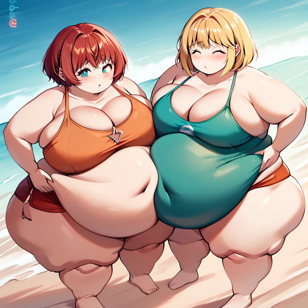 masterpiece, best quality, super detail, 4k, 2 girls, (first female ssbbw, sexy milf, motherly face, long red hair, massive breasts, extremely wide hips:2.0, massive belly, massive thighs:2.0, massive calves, wearing safety orange swimsuit:1.1), (second female ssbbw, young, fatter, very short yellow hair, massive breasts, extremely wide hips:2.0, massive belly, massive thighs:2.0, massive calves, wearing bright green swimsuit:1.1), at the beach, horny expression, aroused, (getting turned on, dynamic poses, eyes open, eyes very well defined (high priority), pupils very well defined(High priority)),(extreme angle), looking directly at viewer, facing viewer, Image in anime style, add detail, high detail faces, defined faces.