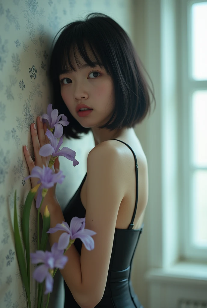 editorial photography,Super detailed background,Surreal,double exposure,Depth of Field,beauty super slender Skinny Korean vibes,soft focus black,narrative scene,Skinny,Super short straight black hairstyle,knee portrait,Lilac eyes,Iris flower,pupil,Lean on stylish room scandinavian wallpaper,wabi-sabi,latex cat suit,mole,open lips,from behind,
