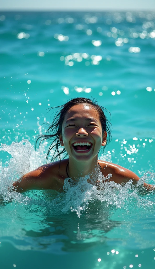 a diver emerging from the water, expression of joy and relief, taking a deep breath of fresh air, scene of happiness, realistic, highly detailed, beautiful ocean water surface, crystal clear water, sunlight shimmering on the water, dramatic lighting, vibrant colors, photorealistic, 8k, award winning photograph, masterpiece