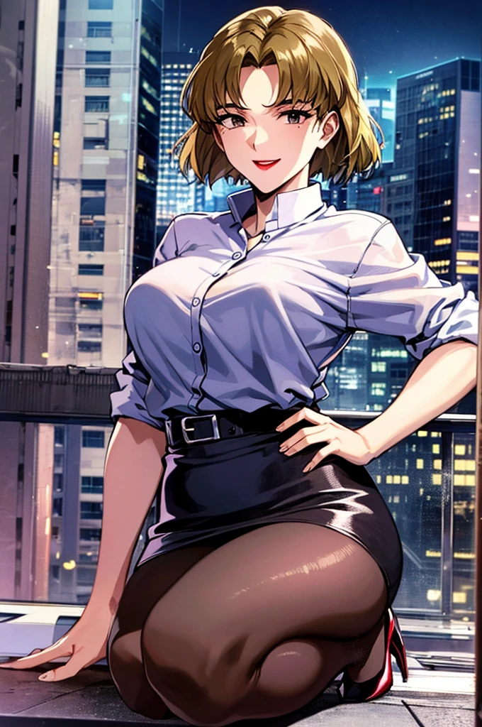 masterpiece,Highest quality,Ultra-detailed depiction,Full HD,16K,Super Resolution,Have fun,Grin,Cityscape,Rooftop,pale light,Midnight,Are standing,Hands on hips、Spread your legs,One Woman,View from the front,Short Hair,Golden Hair, Black Eyes,Eyes open,tall,Muscular,Colossal breasts that are too huge,lipstick, White, Blue Shirt, Black Skirt, pantyhose, High heels, 30 years old,Japanese,Fun Scenes,Colours of the 90s,whole body,left side,Dynamic Angles,