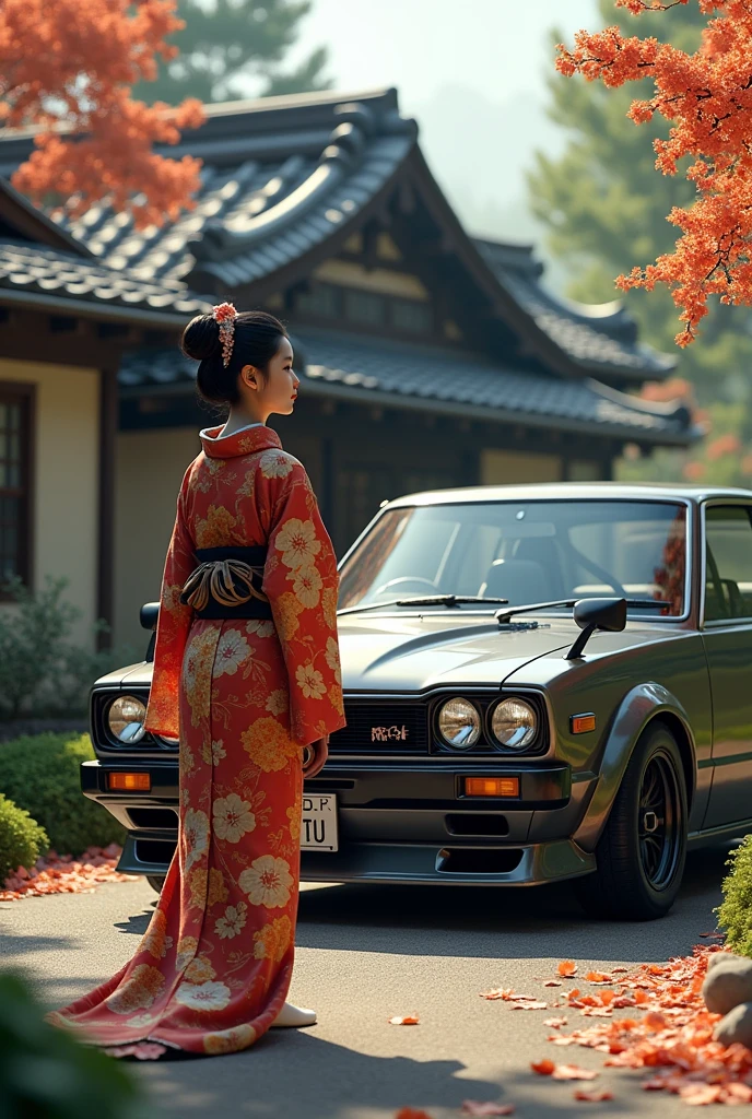 (photorealism:1.2), nissan skyline r32 with a japanese girl standing in front, wearing culture dress, with japanese house background.