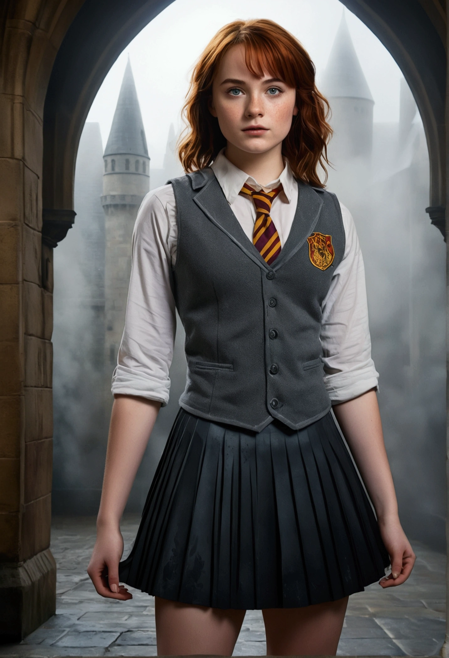 An illustrated movie poster, hand-drawn, full color, a teenage Hogwarts student, 18-years-old, female, wearing a charcoal vest and a pleated skirt, athletic hourglass figure, full wide hips, massive round butt, long shapely legs, ridiculously thick powerful thighs, vibrant eyes, deep dark auburn hair, punk pixie mullet, flushed sun-kissed complexion, freckles, resembles Genevieve O'Reilly, standing in a foggy Hogwarts courtyard, surrounded by mist, graphite shading, stencil marks, airbrushed acrylic paint, masterpiece, close-up shot, in the style of the Deathly Hallows