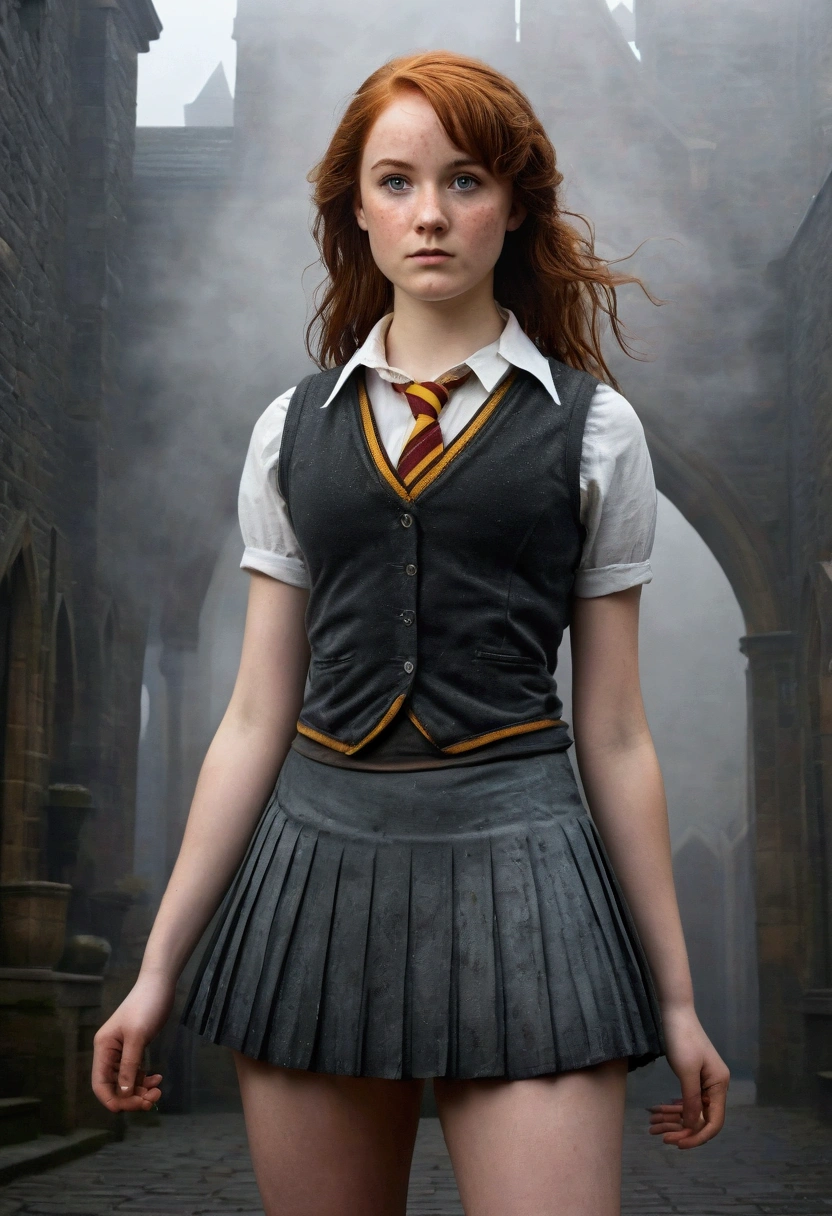 An illustrated movie poster, hand-drawn, full color, a teenage Hogwarts student, 18-years-old, female, wearing a charcoal vest and a pleated skirt, athletic hourglass figure, full wide hips, massive round butt, long shapely legs, ridiculously thick powerful thighs, vibrant eyes, deep dark auburn hair, punk pixie mullet, flushed sun-kissed complexion, freckles, resembles Genevieve O'Reilly, standing in a foggy Hogwarts courtyard, surrounded by mist, graphite shading, stencil marks, airbrushed acrylic paint, masterpiece, close-up shot, in the style of the Deathly Hallows 