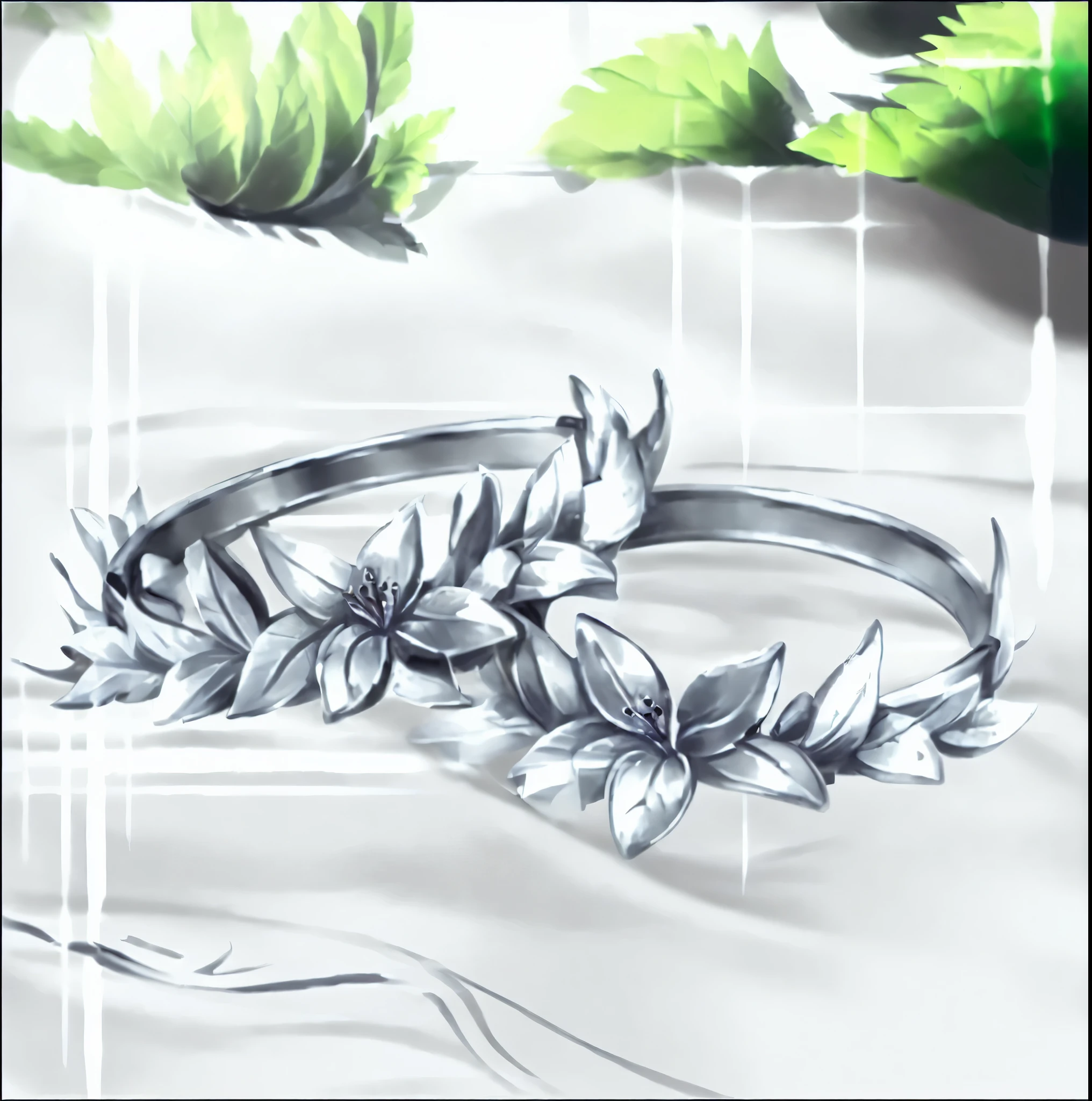 There is a silver ring painted on it，There are leaves on it, crown, Nordic crown, Silver details, corolla, Different tone lily ears, Semi-realistic主义, Semi-realistic, Surreal fantasy headdress, Silver jewelry, silver bracelet, crown of thorns, !!Very detailed!!, ring, Fine details