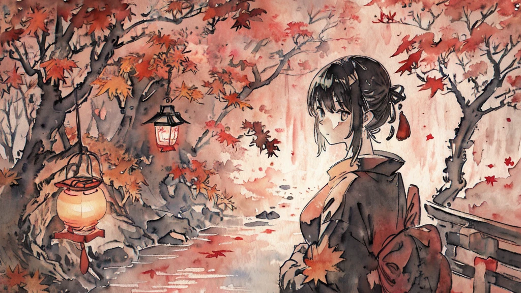 (watercolor:1.2), watercolor, Painting \(Moderate\),Kyoto、Lantern、The person is a black silhouette。。、sightseeing、autumn leaves
