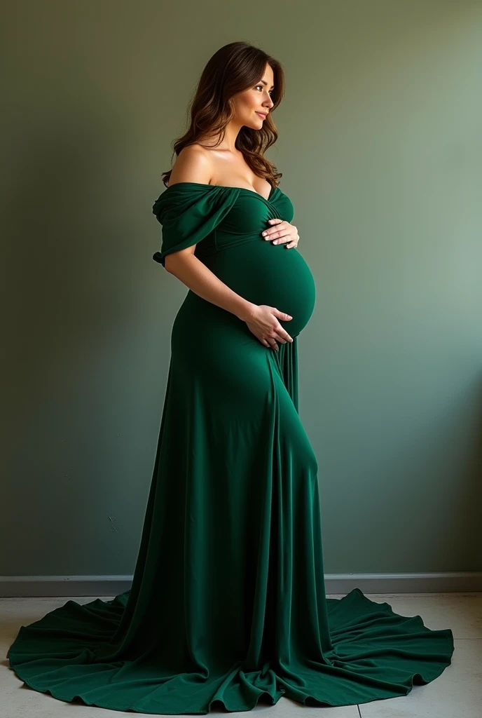 pregnant woman in green gown made with leaf posing for a photo in front of a wall, maternal photography 4 k, pregnant belly, pregnancy, she wears a dark green dress, photo of a beautiful, full body green dress, pregnant, full body photoshoot, maternity feeling, tummy, her belly is fat and round, elegant posed, full body pose, belly