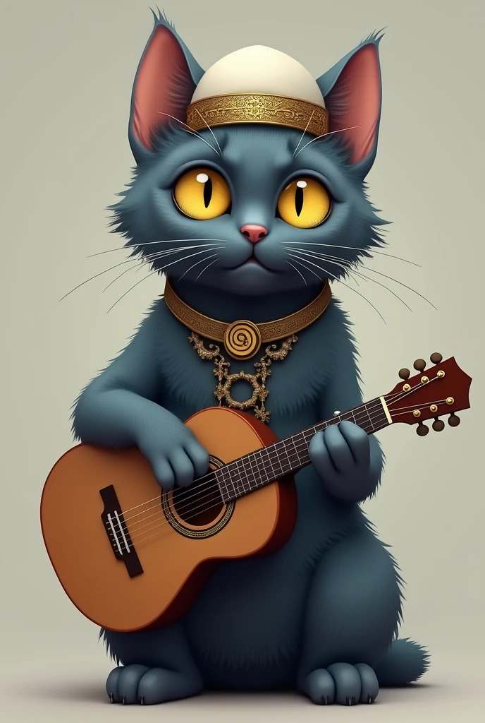 Create Russain blue short hair cat with yellow eyes with a guitar 
And wearing muslims namaz cap 
But the cat should be less furry
