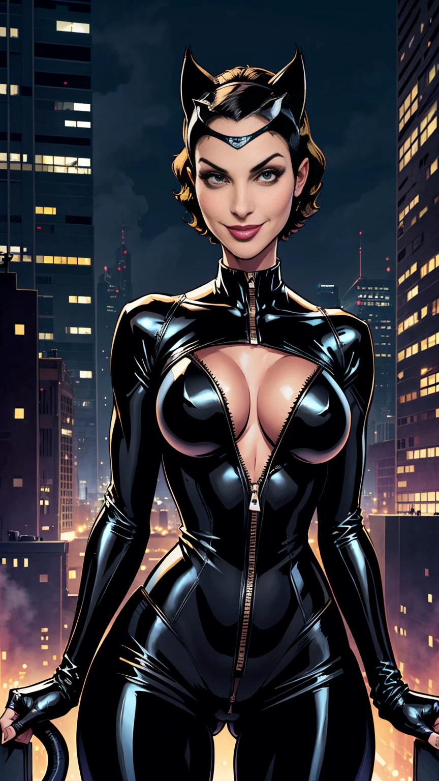 Sexy, black short hair, full black latex bodysuit unzipped down the front, cleavage, small breasts, treasure loot, ((catwoman cat ears headpiece)), urban cityscape nighttime, smile