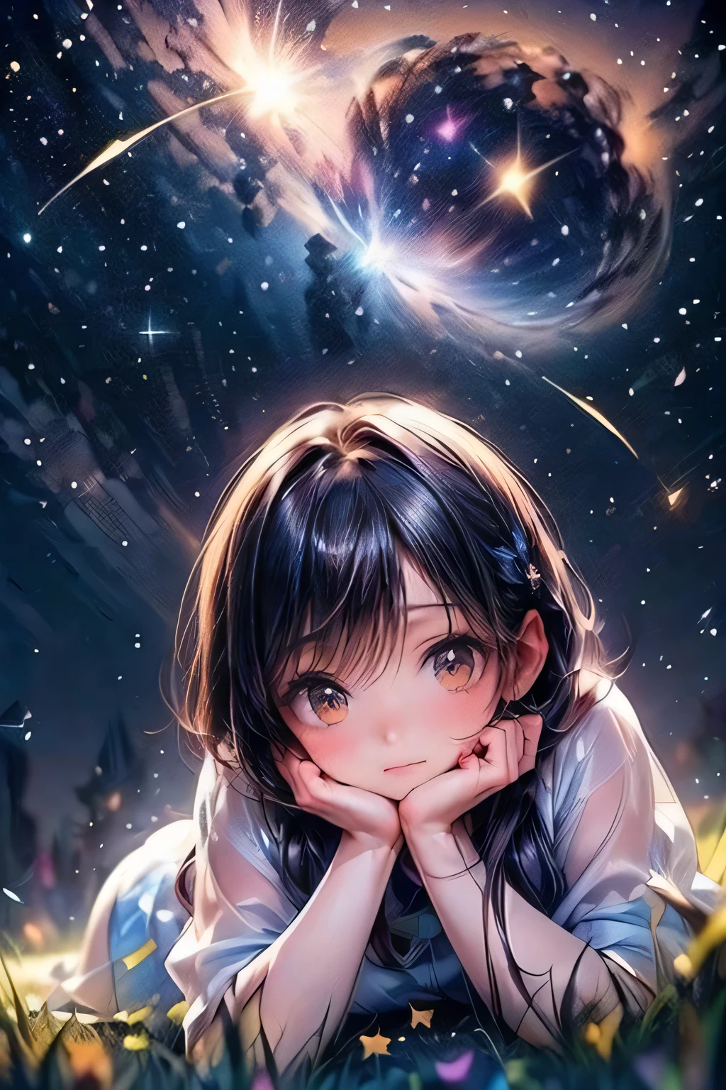 cute girl on the grass with butterfly in front of her in a star filled sky, 1girl, solo, night, sky, on stomach, star (sky), black hair, blush, looking at viewer, lying, night sky, starry sky, outdoors, long hair, shooting star, flower, smile, head rest, bangs, shirt, closed mouth, grass