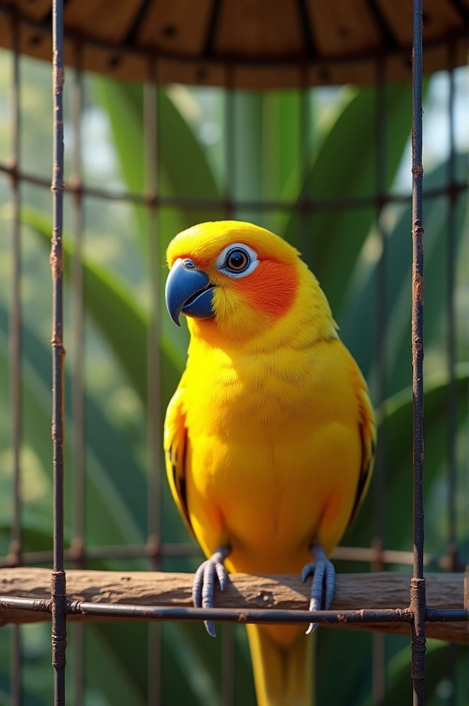 A photorealistic image of a yellow bird with a blue beak and blue feet, perched on a wooden branch in a cage. The bird has a white ring around its eye and is looking at the camera with its mouth open. The cage is made of metal bars and has a wooden top. The background is a blurred image of a green leafy plant.