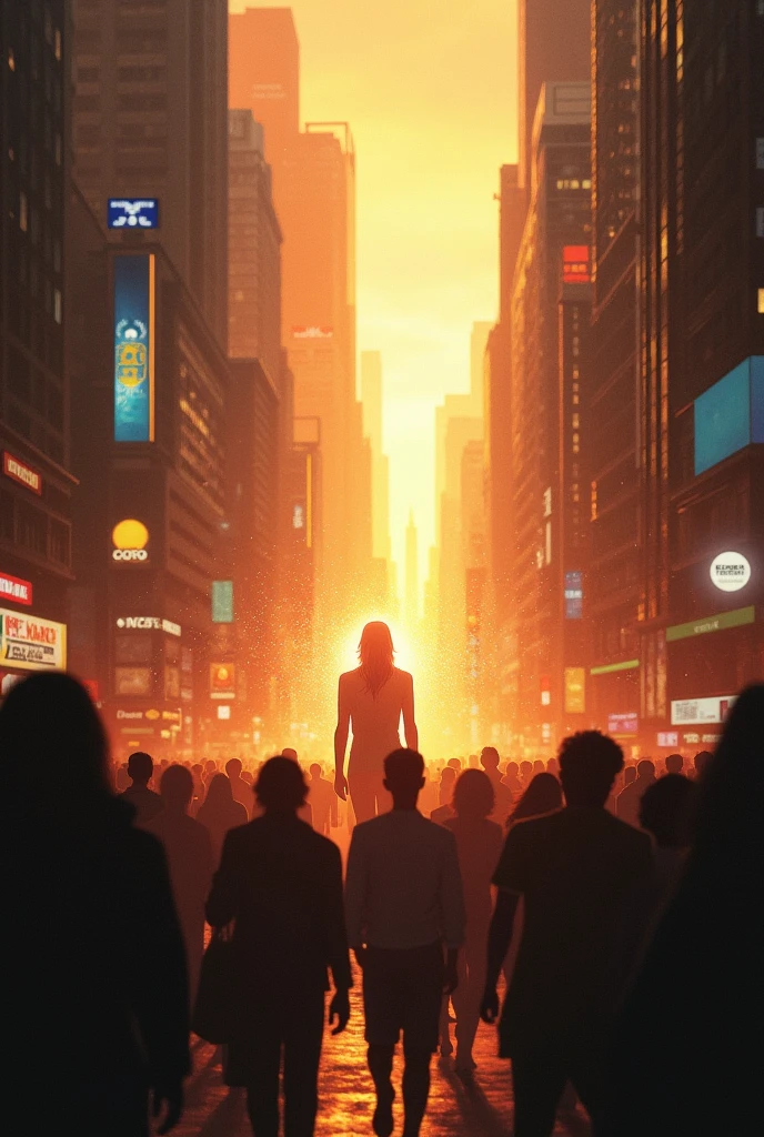 Crowd of people walking on the street at night at sunset and a man in the center with a glow Crowd of people walking in the city at night Blurred background
