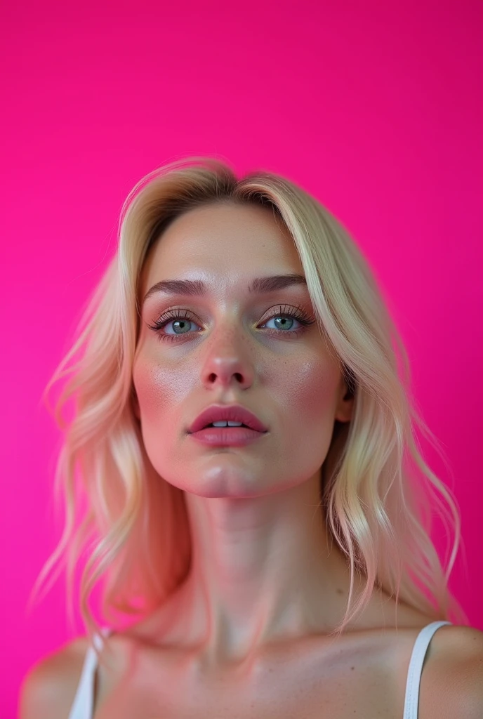 Blonde woman who has had past plastic surgeries that went wrong, with fuchsia pink background 