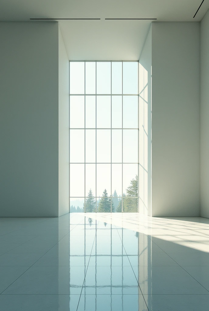 Light enters through both facades, in the form of a geometric grid. It has a large entrance of natural light into the space. It does not have very defined limits since it has a large void., which is why it is a very transparent and fluid place. It is a large empty space with a column and this grid of light and void entry. It is a single large space that works with geometry with the facade. Flat roof. It is a large-scale space, one could say that it has an approximate height of 4 meters.. The horizon is on the right side, since on the left side there are large trees a short distance away.