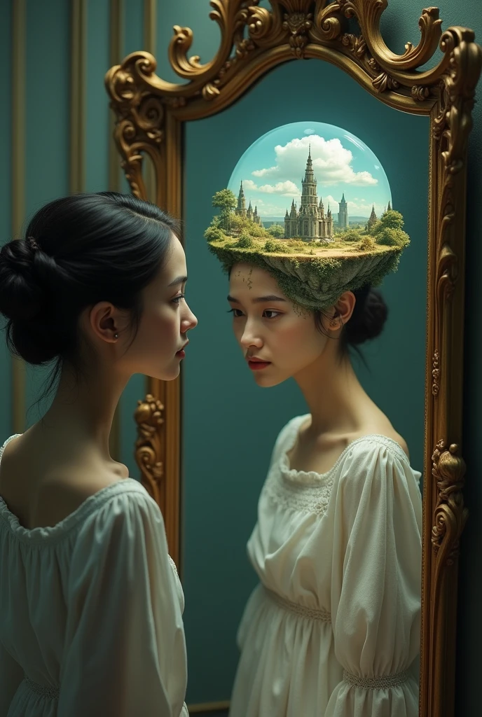 I want a metaphor A mirror A girl looking at her reflection in the mirror Where she sees her head as a world (only in the reflection and only in his head) 