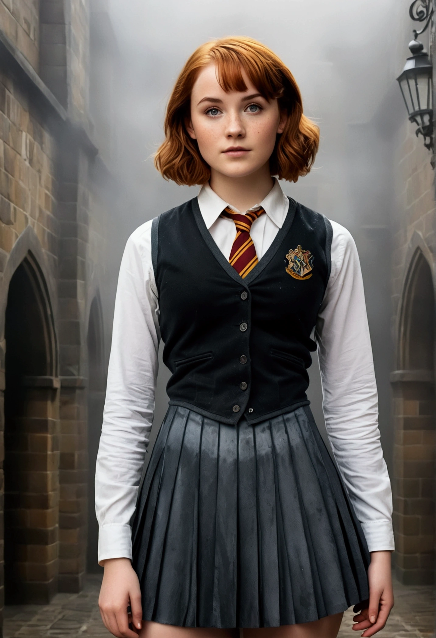 An illustrated movie poster, hand-drawn, full color, a teenage Hogwarts student, 18-years-old, female, wearing a charcoal vest and a pleated skirt, athletic hourglass figure, full wide hips, massive round butt, long shapely legs, ridiculously thick powerful thighs, vibrant eyes, deep dark auburn hair, messy pixie cut, flushed sun-kissed complexion, freckles, resembles Genevieve O'Reilly, standing in a foggy Hogwarts courtyard, surrounded by mist, graphite shading, stencil marks, airbrushed acrylic paint, masterpiece, close-up shot, in the style of the Deathly Hallows