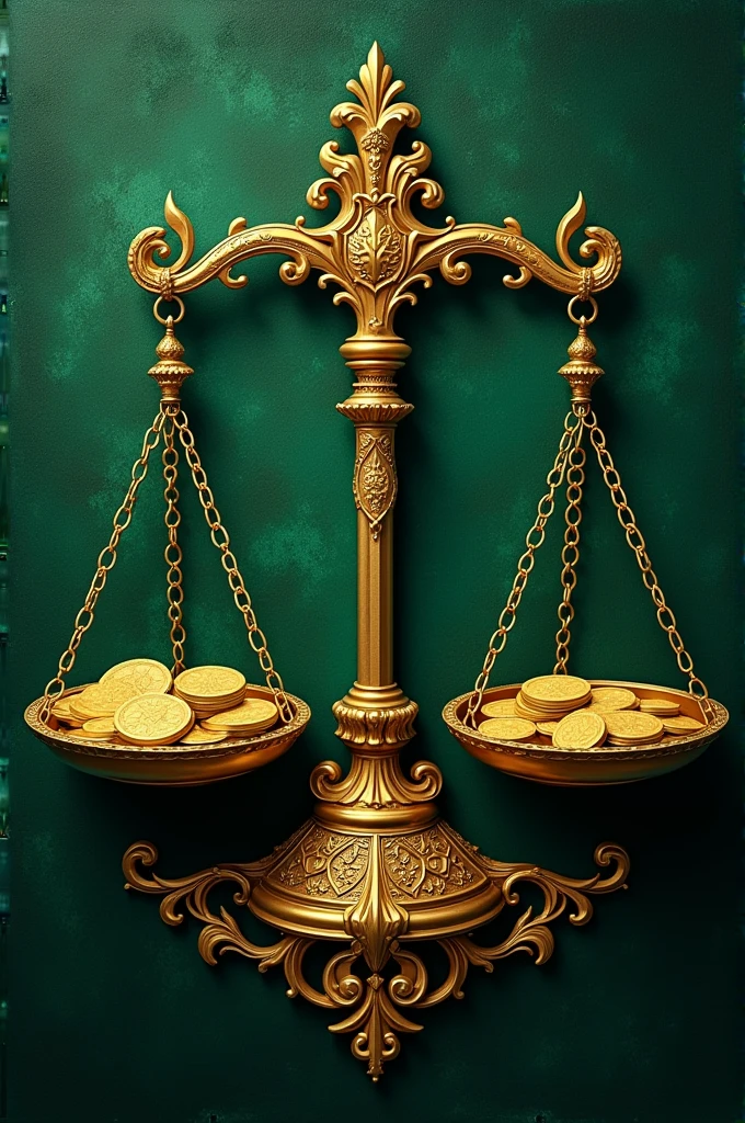 Coat of arms Harry Potter styles A balanced scale with coins of gold and on another plate parchments. Farbe: green and gold
