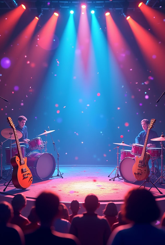 Musical profile background animated style in vivid blue color, red and purple. With musical instruments and a stage