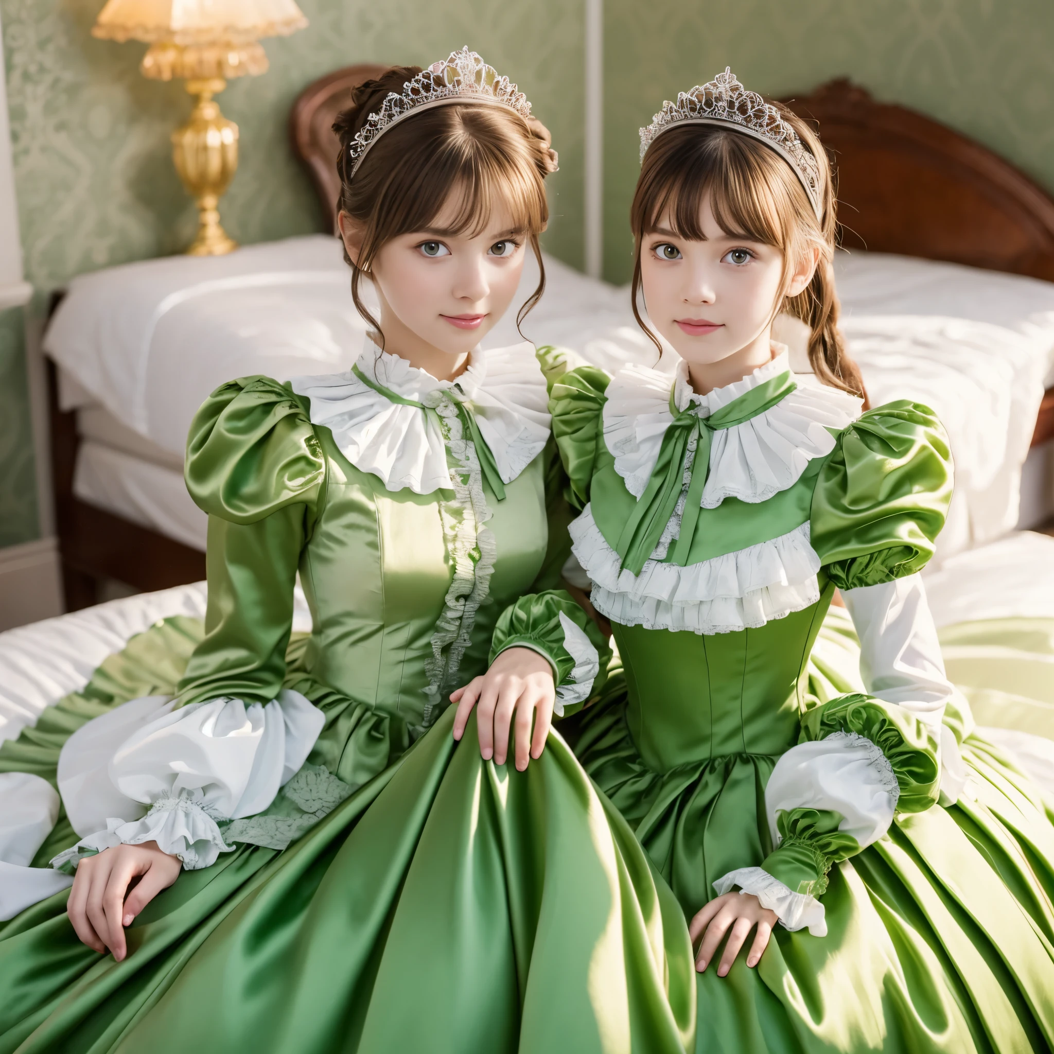 ,highest quality, masterpiece, highest resolution, artwork, super それにget used to it, many get used to it, get used to it, それにget used to it, 3k realistic pictures,,((10 year old s)),Ultra-detailed juvenile face,three are princesses,full length ball gown dress with hoop skirt,ruffled yoke collar,puff sleeves,long sleeve,((Lolita styleen detailed princess satin dress with lots of ruffles and ribbons)),Rococo style lolita fashion,y satin dress,Soft and smooth fabric,luxury,long blonde hair,blue eyes,white skin european,Pajama,((in the bedroom)),luxury princess canopy frilled bed,super detailed bed,they are lying on the bed,High-quality background,