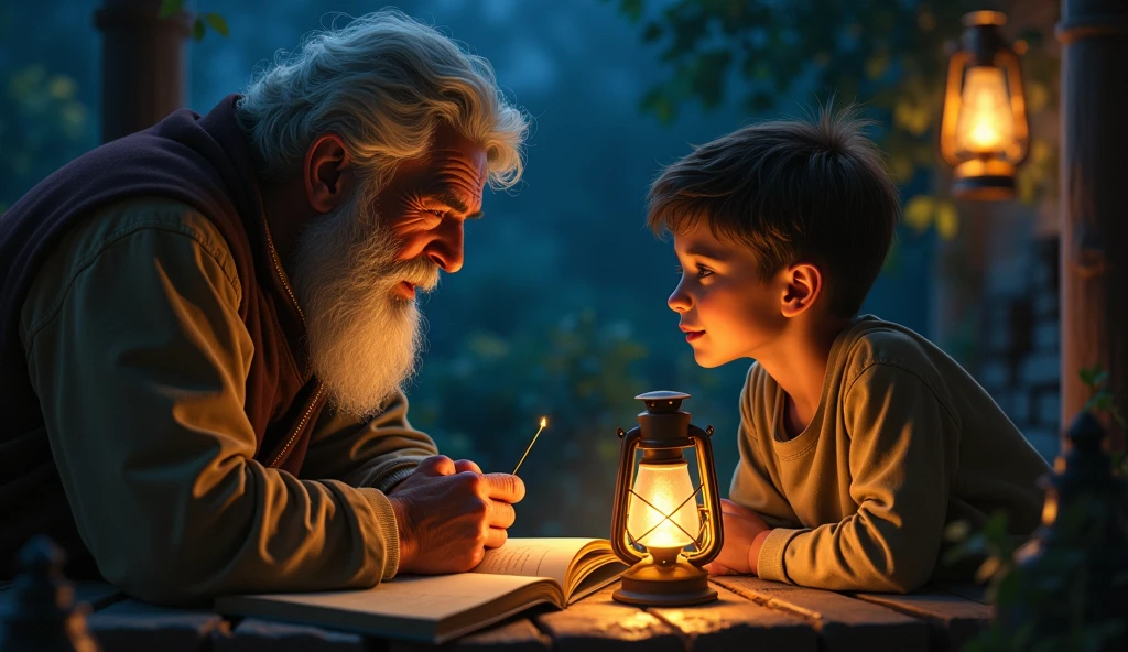 Boy discuss with their grandfather in night