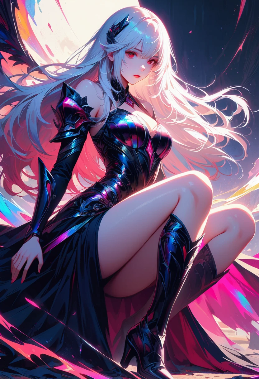 Girl with long white hair down to her waist, with small red details, red eyes, long black dress with a leg slit, with red details, long black boots up to below the knees, white skin, the ground around her is cracking and small stones are floating around her surrounded by a black aura, she is surrounded by shadows, and the background is dark like the night with the universe and stars, her presence causes fear, her shadow appears to be a monster, 8k, high quality, full body, (ultra-realistic), {extremely detailed 8k CG unit wallpaper}, expansive landscape photograph, (light: 2.0), (warm light source: 1.5), complex details, (iridescent colors: 1.5), (bright lighting), (atmospheric lighting), surreal, impressive, fantasy, (Solo: 1.2), White moon
