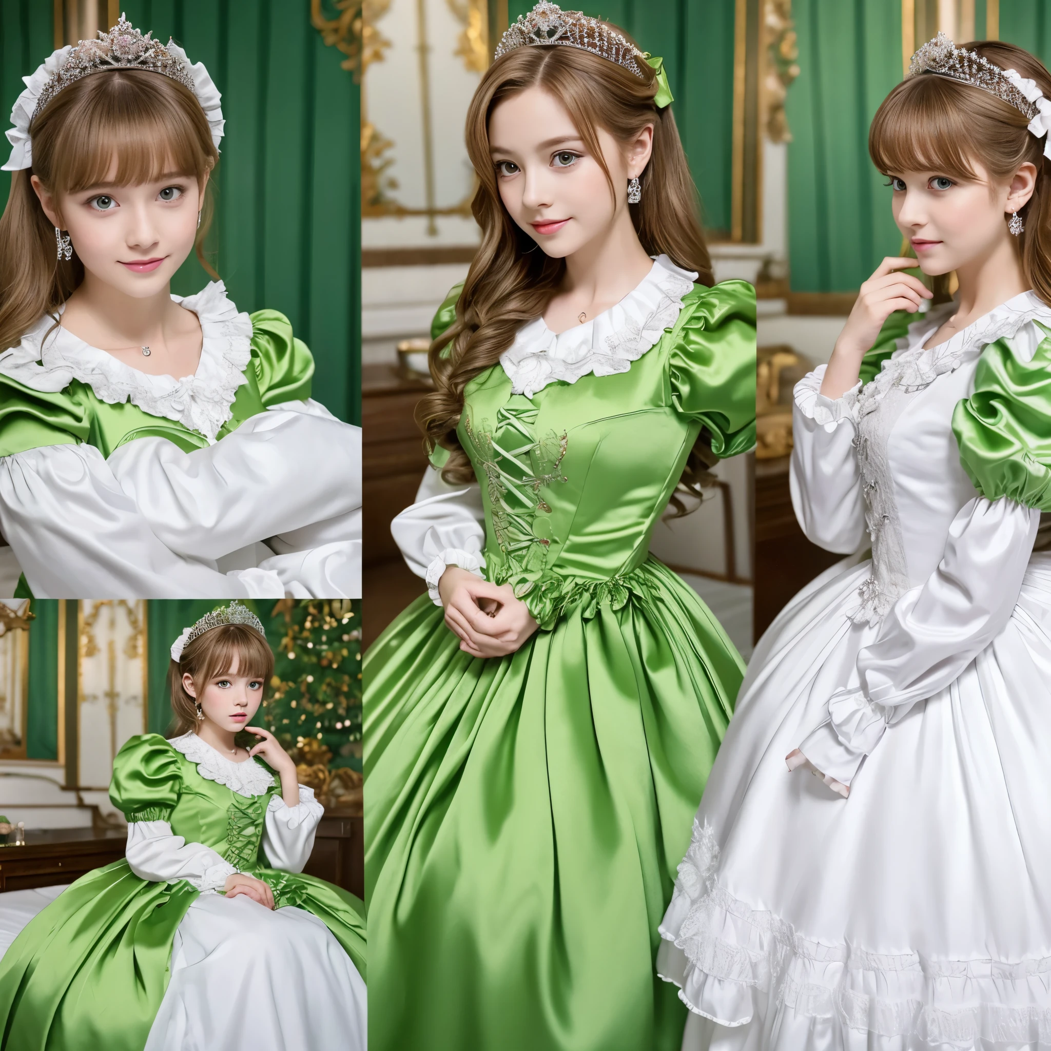 ,highest quality, masterpiece, highest resolution, artwork, super それにget used to it, many get used to it, get used to it, それにget used to it, 3k realistic pictures,,(( girls)),Ultra-detailed juvenile face,three are princesses,full length ball gown dress with hoop skirt,ruffled yoke collar,puff sleeves,long sleeve,((Lolita style green detailed princess satin dress with lots of ruffles and ribbons)),Rococo style lolita fashion,shiny satin dress,Soft and smooth fabric,luxury,long blonde hair,blue eyes,white skin european,Pajama,((in the bedroom)),luxury princess canopy frilled bed,super detailed bed,they are lying on the bed,High-quality background,