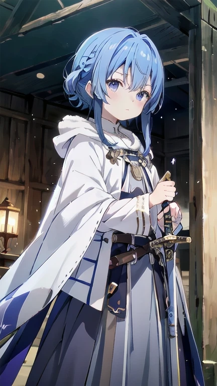 one woman、Rin々new appearance、A dignified expression、cold look、medieval monk、pure white battle uniform、bionde、french braid、have a sword、white cloak、Sword Art Online、(masterpiece, highest quality, highest quality, official art, beautiful and aesthetic:1.2)