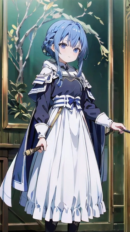 one woman、Rin々new appearance、A dignified expression、cold look、medieval monk、pure white battle uniform、bionde、french braid、have a sword、white cloak、Sword Art Online、(masterpiece, highest quality, highest quality, official art, beautiful and aesthetic:1.2)
