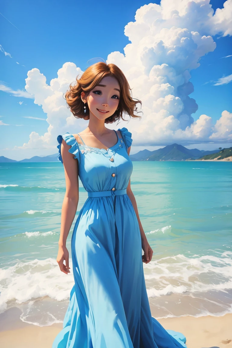 beautiful dress, female anime happy woman, clouds, blue sky, sea