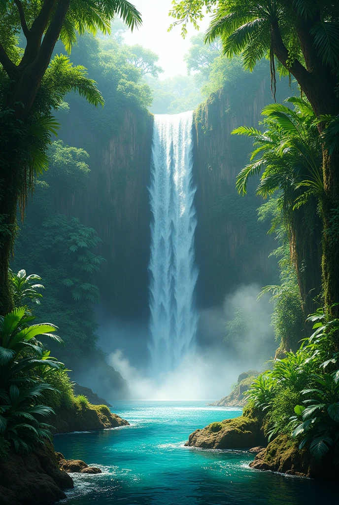 vibrant, lush green jungle with a majestic waterfall cascading down a rocky cliff into a crystal-clear pool below. The surrounding vegetation is dense with tropical plants, vines hanging from trees, and various shades of green leaves creating a rich, natural tapestry. Mist rises from the waterfall, catching the light of the sun filtering through the canopy above, and small streams trickle through the moss-covered rocks, adding to the peaceful, enchanting atmosphere."