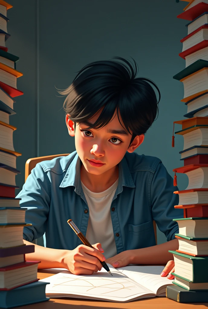 Student at university surrounded by books and tired