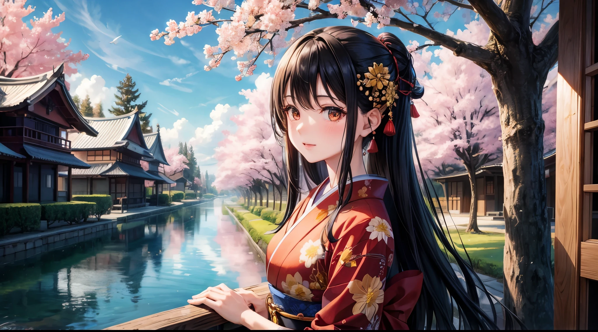One person, Long black hair, Brown Eyes, Wearing a beautiful Japanese kimono, Cherry tree, Traditional buildings, High resolution, Super sharp, 8k, masterpiece, View your viewers