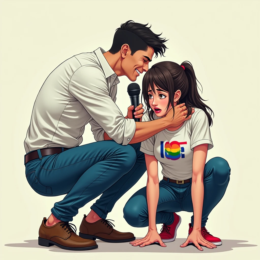 anime art, marvel art, a LATIN 4 male wearing white button up shirt and tight blue pants, he’s squatting down with a journalist mic in hands, big bulge, sweaty, slight smile. He’s squatting down behind a sad female wearing lgbt shirt, dhe’s scared and sad. He’s behind her, squatting behind her. He’s slightly happy behind her hugging her