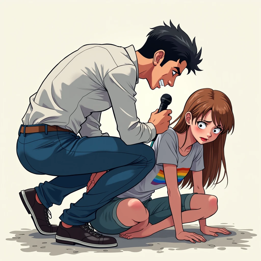 anime art, marvel art, a LATIN 4 male wearing white button up shirt and tight blue pants, he’s squatting down with a journalist mic in hands, big bulge, sweaty, slight smile. He’s squatting down behind a sad female wearing lgbt shirt, dhe’s scared and sad. He’s behind her, squatting behind her. He’s slightly happy behind her hugging her