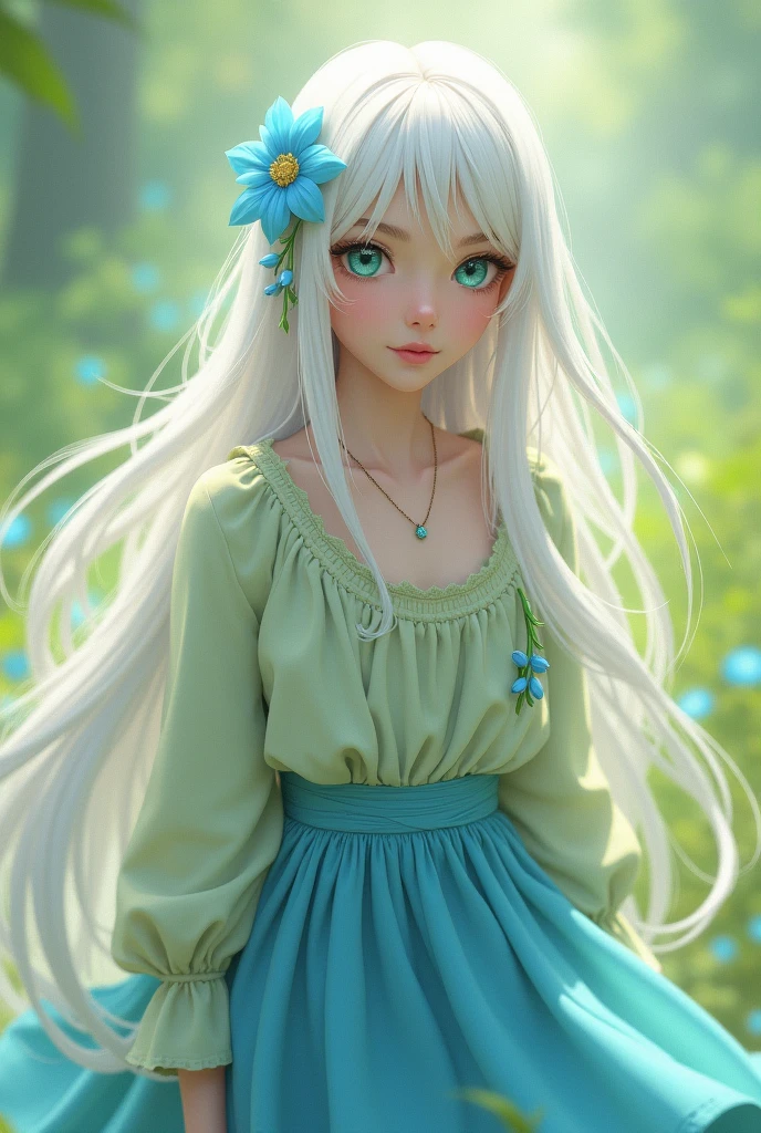minecraft white hair cyan eyes light green loose blouse blue flower in hair hot white skirt