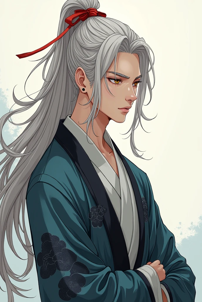 Ancient chinese male character with long hair tied in a ponytail with a red ribbon named "Xiao Lan", has a small mole under his right eye, white hair with a light brownish black tint at the ends, and clothes that are black and dark blue, with cloud and sky motifs and simple costume design 