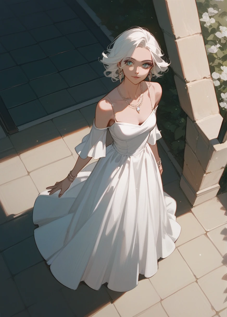 (to check_5,to check_6_High above,to check_4_High above),1 older woman , white gown , robusta, piercing look ,traits of an older woman in her 30s, with a witch's outfit 