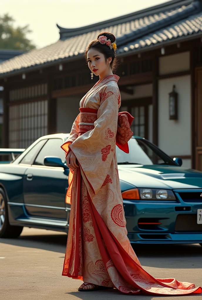 (photorealism:1.2), nissan skyline r 33 with a japanese girl standing in front, wearing culture dress, with japanese house background.