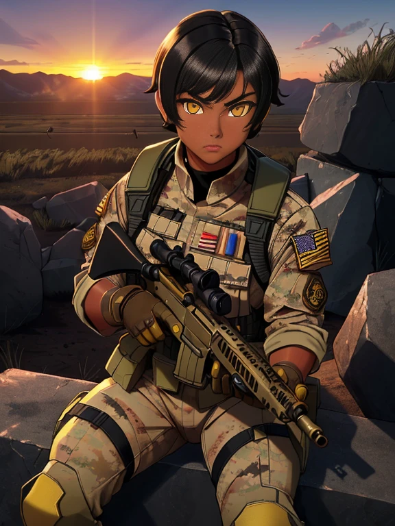 (26 year old:1.3), (tanned bronze skin:1.4), (Yellow colored eyes:1.4), (Short Black Hair:1.3), (Wearing: USA marine corps uniform, camouflage military uniform, armor and gloves), army girl, soldier girl, infantry girl, (sunset :1.2),(Sitting with hands holding a rifle:1),(surprised), highest quality, ultra-high resolution, absurdity, realistic, physically based rendering, cinematic lighting, complex and cinematic appearance, cinematic soft light, soothing tone, dynamic angle
