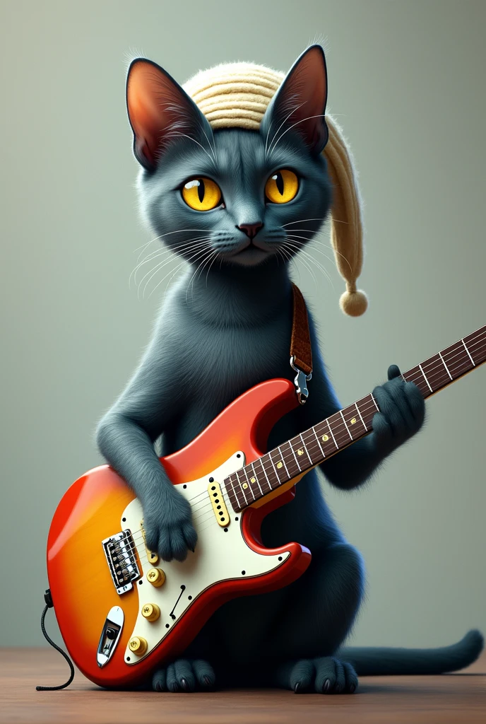 Create Russain blue short hair cat with yellow eyes with a fender electric guitar
And wearing muslims namaz cap
But the cat should be less furry