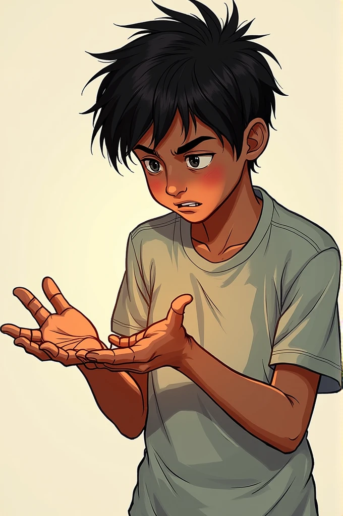 Person looking at palms of hands scared, lively and simple style