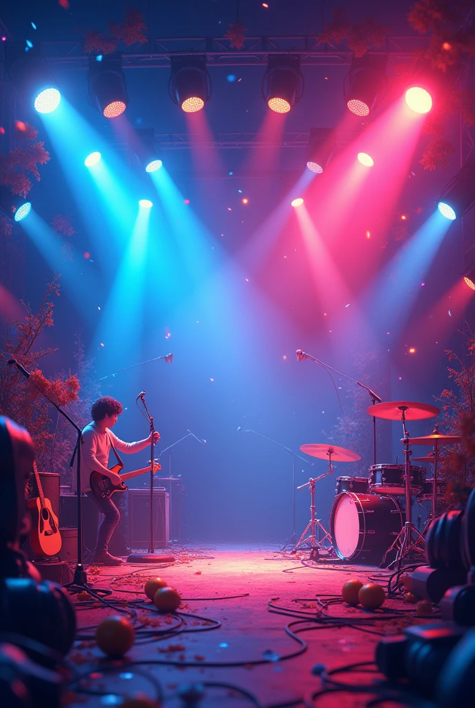 Musical profile background animated style in vivid blue color, red and purple. With musical instruments and a stage