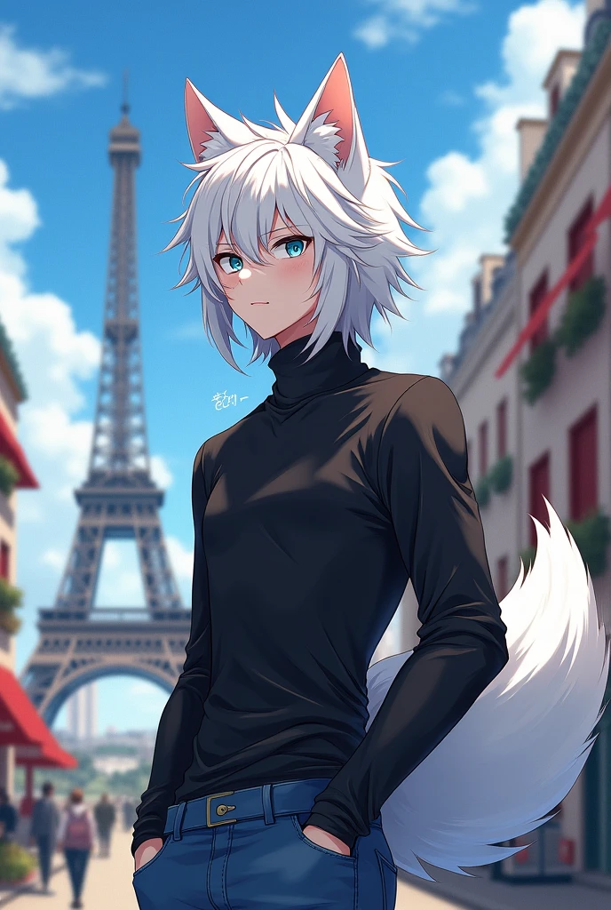 A light-skinned man, Light Blue Eyes, hair as white as snow, with wolf ears and tail, wearing a black long sleeve turtleneck shirt, a pair of blue jeans, in paris, anime styling
