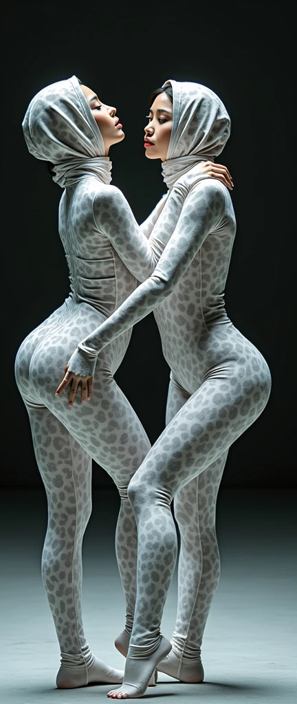 the 3 beautiful and thest Chinese adult girl with beautiful cheeks wears white leopard print lycra footed turtleneck unitard catsuit covered with leopard patterns.She always wear white leopard print lycra elastane stretchy dancewear hijab-like zentai hood.She is take part for contortion.She is my beautiful contortionist in the world.