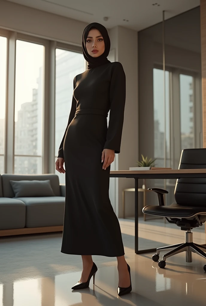(photorealism:1.2), beautiful woman hijab , tigh dress in office , high heel