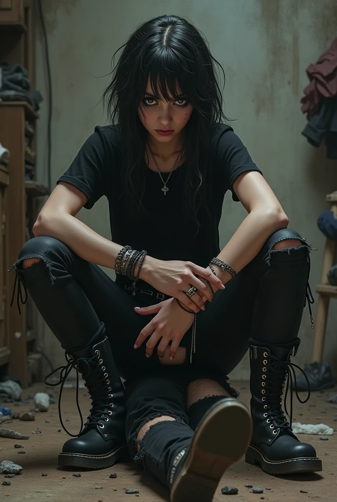 An annoyed 15 year old goth girl stepping on her brother’s crotch, very firmou and strong, using black goth boots.