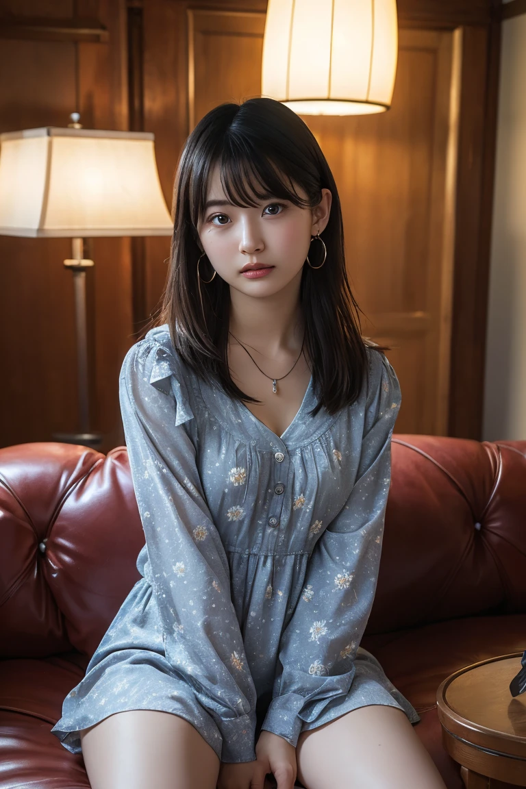 (Highest quality:1.4)，(masterpiece:1.4)，(Realistic:1.4)，(Realistic:1.2)，(超High resolution， RAW Photos:1.4)，(High resolution， Ultra-detailed:1.2)，(8k:1.2)，View your viewers，Cinematic photography，One person，skeletally correct，Black-haired woman，Woman in her early 20s，(Small earrings，necklace，Daisy print mini dress)，（Western-style building interior，Dimly lit room，The lamplight shines on my cheeks，Sit on the sofa）