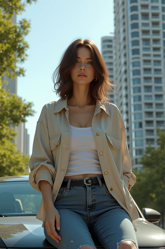 One with a loose clothing style, medium brown hair, sitting on top of the car, behind a condominium, money style